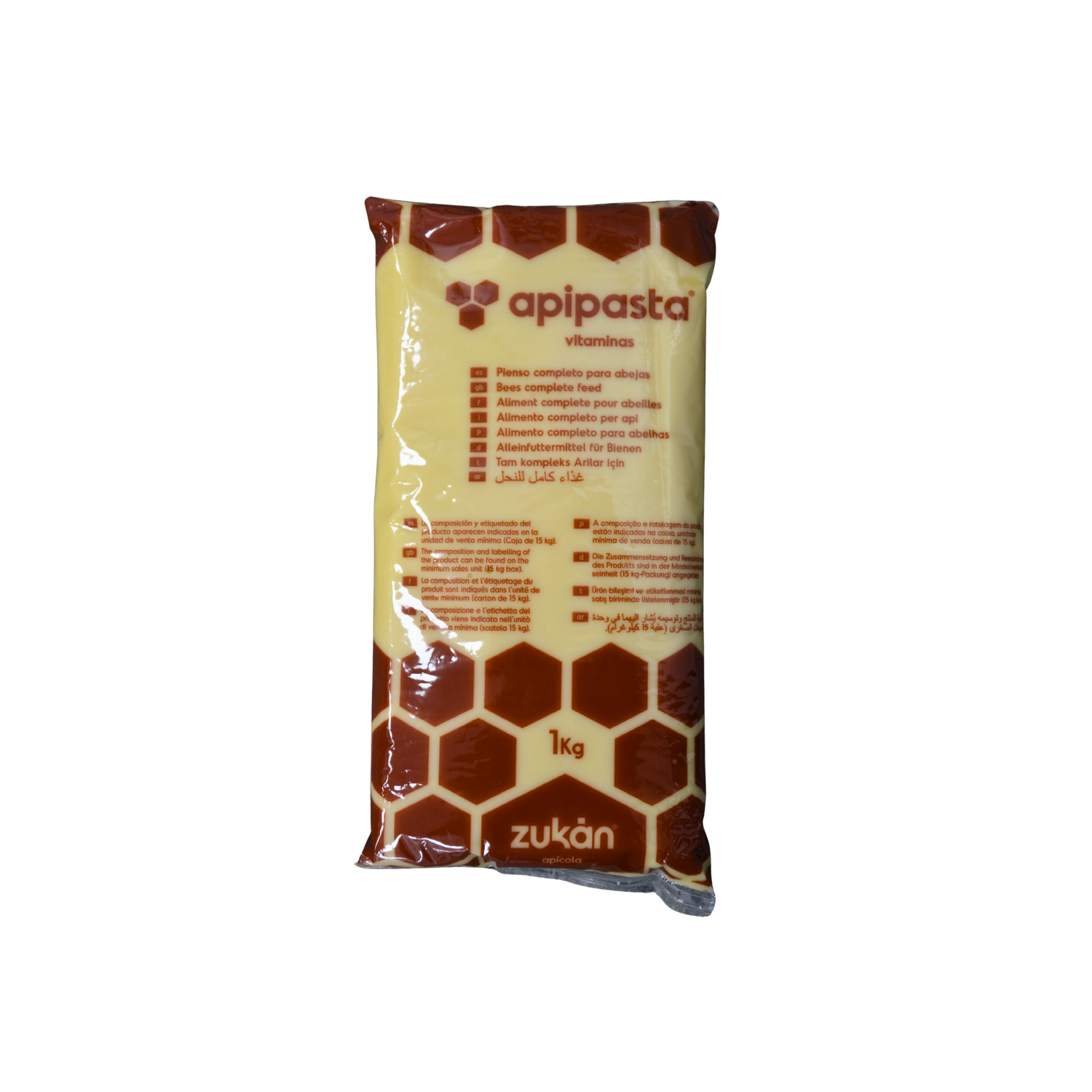 A 1 kg plastic pouch of Apipasta bee feed, featuring a red honeycomb design and labeled with “apipasta – proteins & vitamins” and the Zukán brand logo.