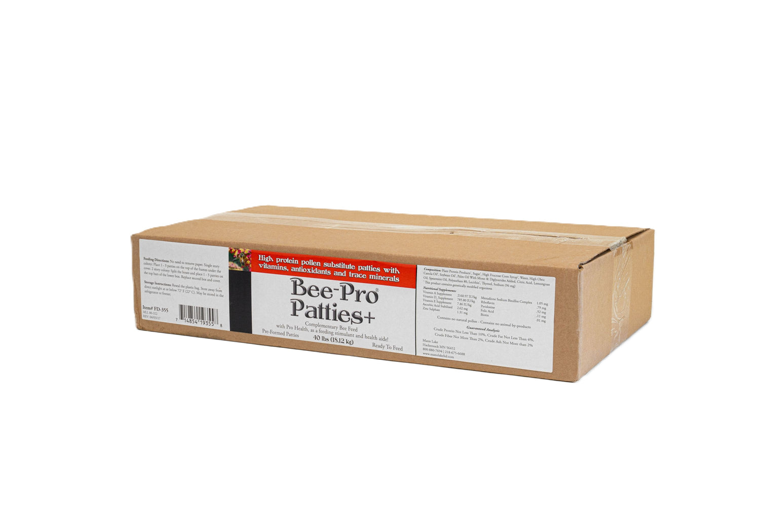 A case of Bee Pro Plus Patties with a label showing product details.