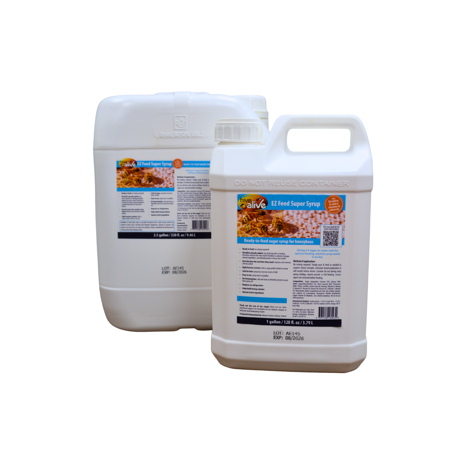 Two white plastic containers of HiveAlive EZ Feed Super Syrup on a white background