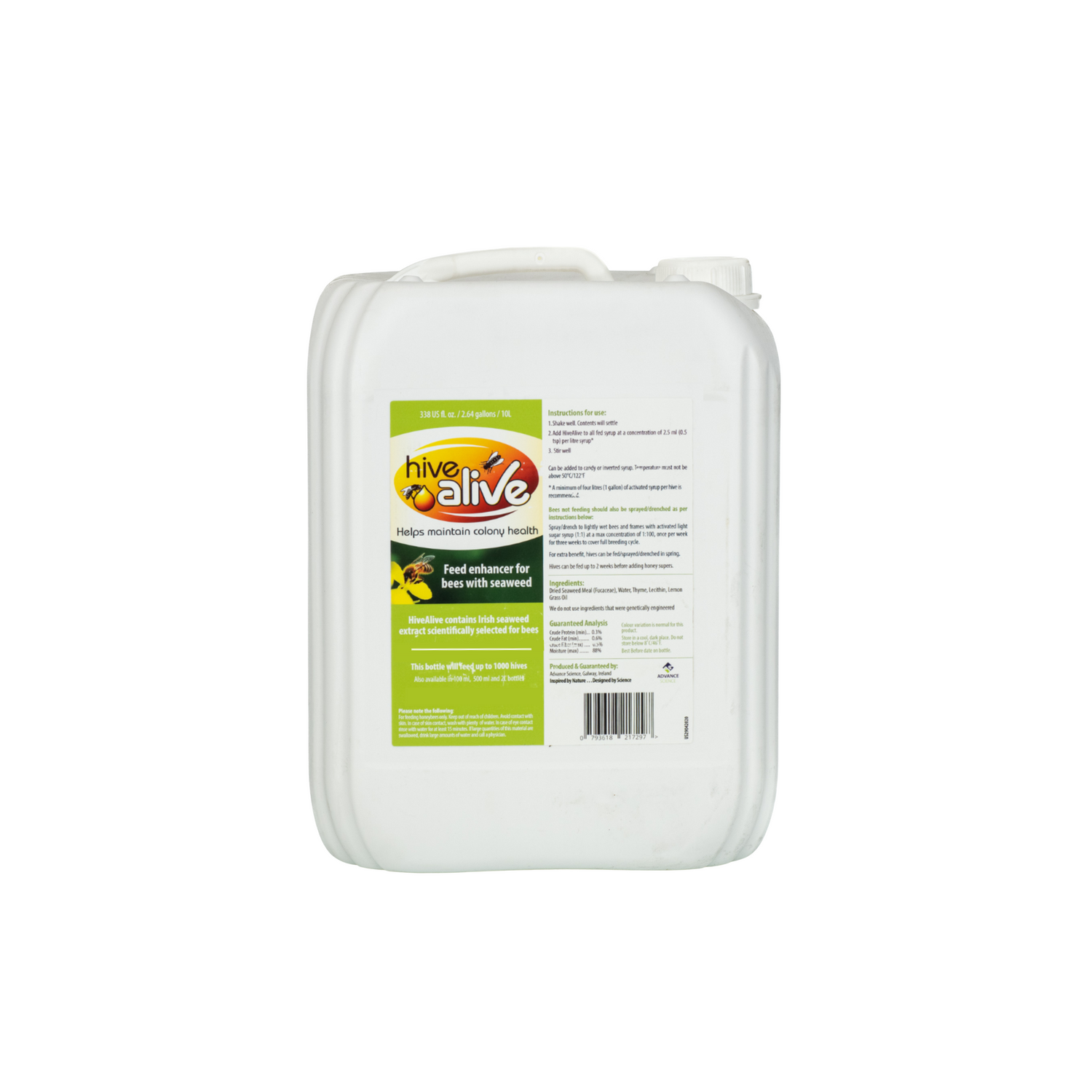 A 10L bottle of Hive Alive, a liquid feed supplement for honeybees that can be easily added to syrup.
