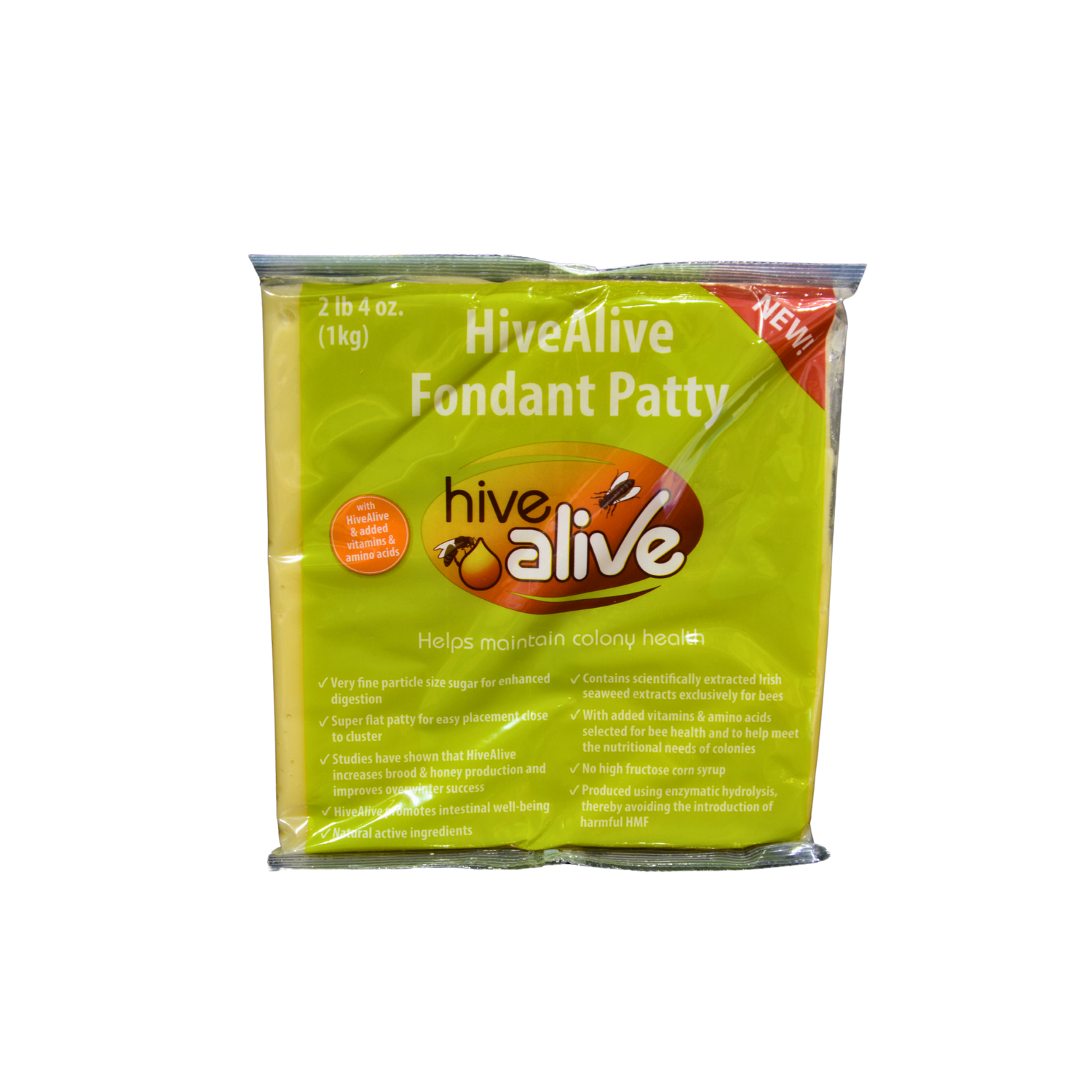 A package of HiveAlive Fondant Patty in clear packaging with HiveAlive branding on a white background