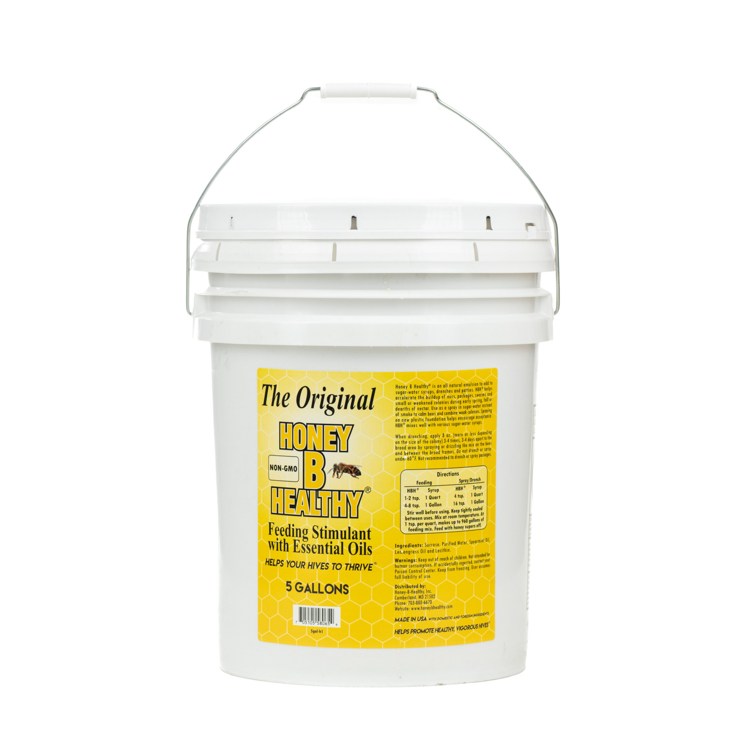 A 5 gallon pail of Honey B Healthy Feeding Stimulant with Essential Oils for honeybees.