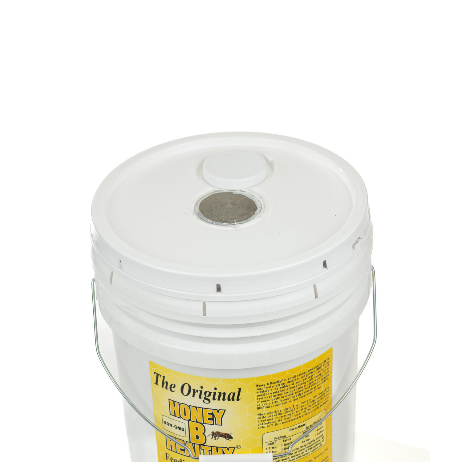 A top view of a 5 gallon pail of Honey B Healthy Feeding Stimulant with Essential Oils for honeybees to show the feeding lid.