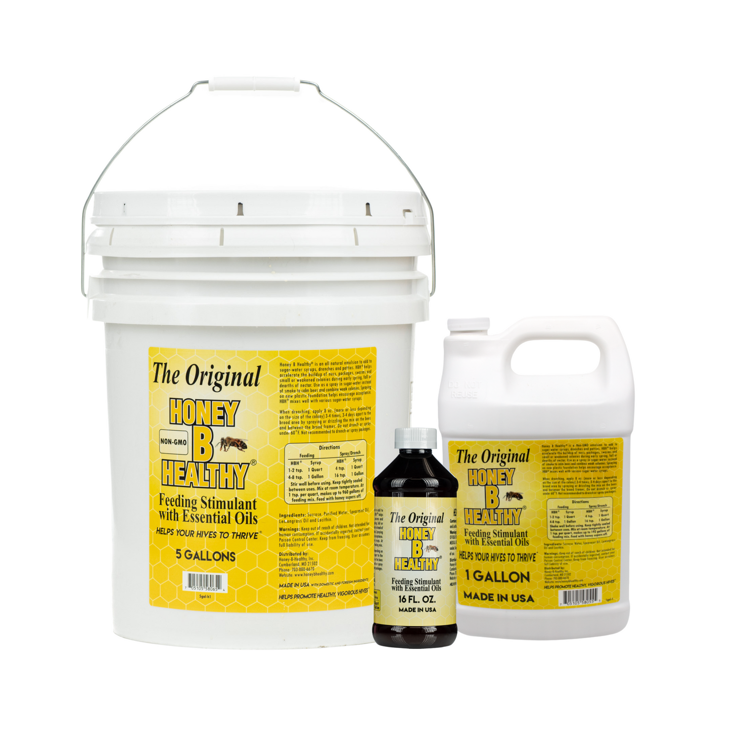 A set of products including a large white bucket labeled 'The Original Honey B Healthy Feeding Stimulant', a smaller bottle with a similar label, and a white bottle with a yellow cap, all containing a yellow liquid.