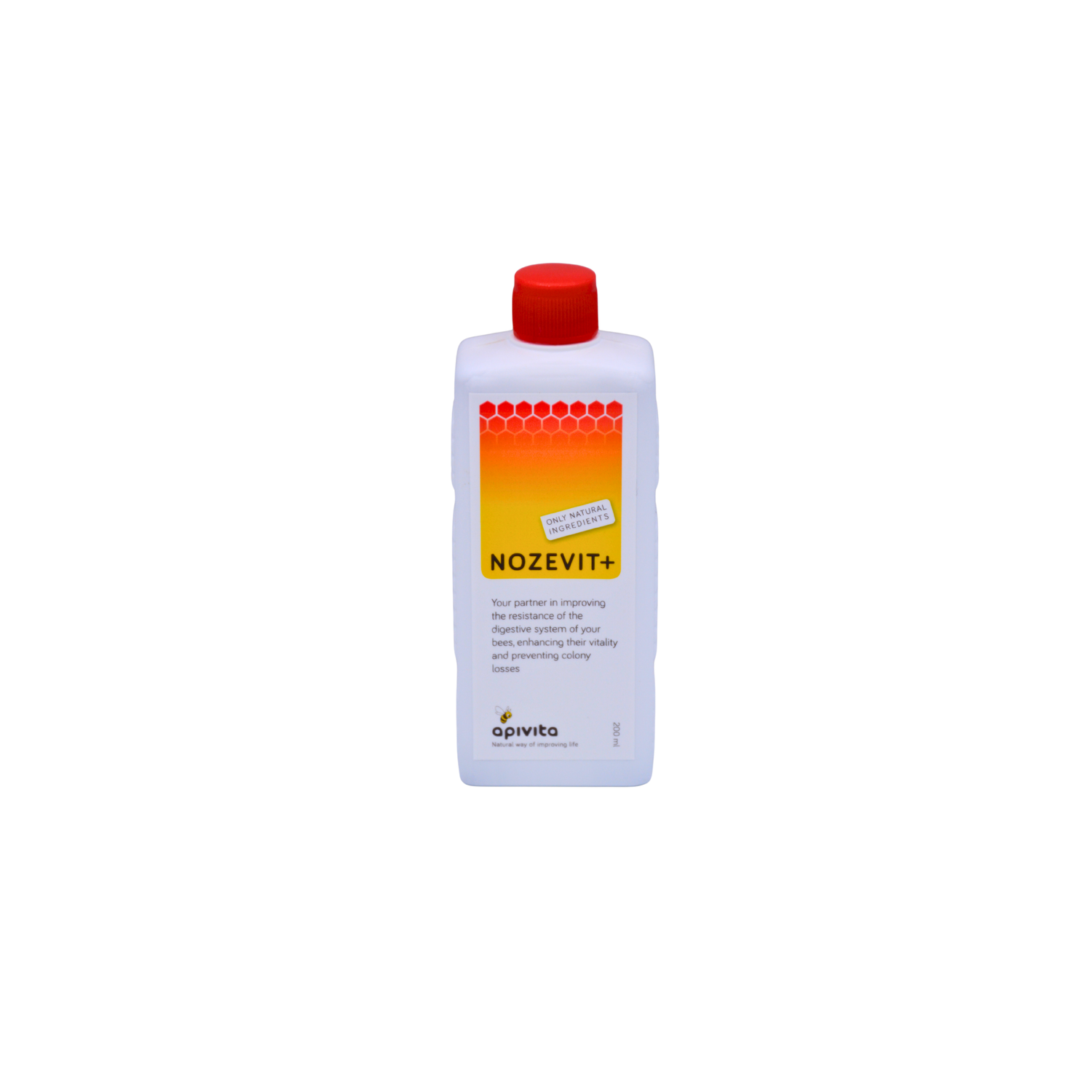 Nozevit+ bottle with red cap on a white background