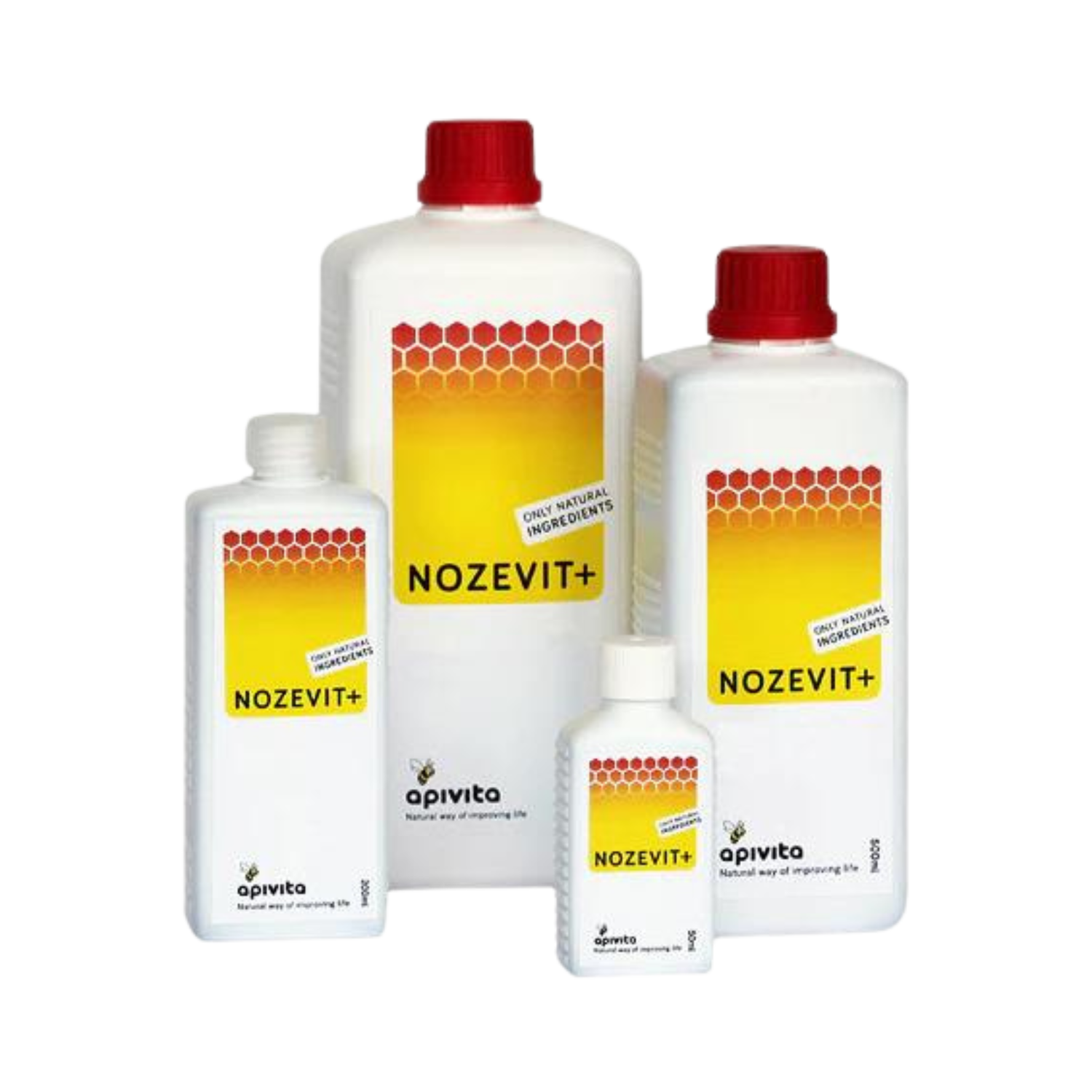 Four bottles of NOZEVIT+ with red caps on a white background