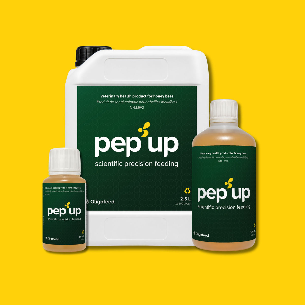 Three containers of Pep Up scientific precision feeding by Olifefeed for honey bees, including a 2.5L white tub and two bottles, arranged symmetrically on a solid yellow background.