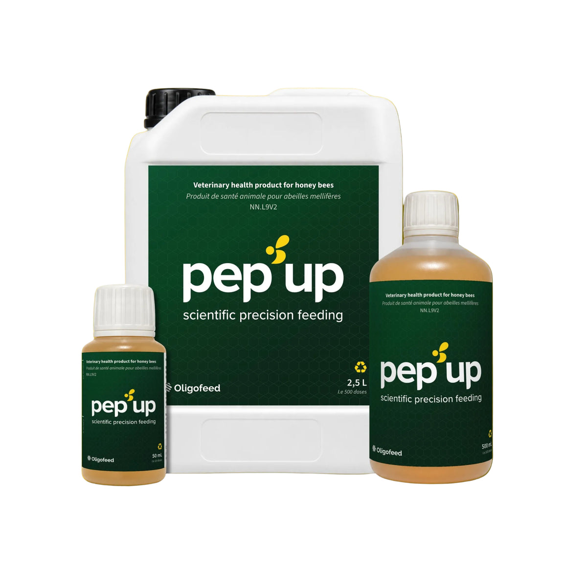 Three containers of Pep Up scientific precision feeding by Olifefeed for honey bees, including a 2.5L white tub and two bottles, arranged symmetrically on a solid yellow background.