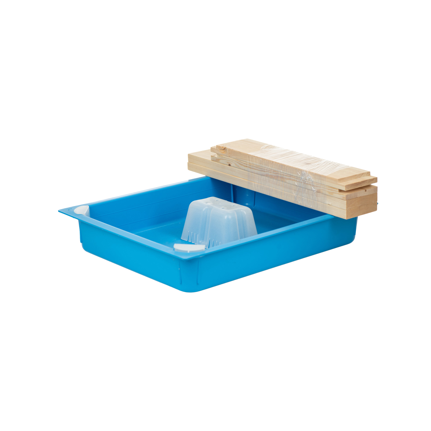 A blue top feeder with a patented corner access system, accompanied by corner caps and a chimney, displayed alongside a wooden frame.