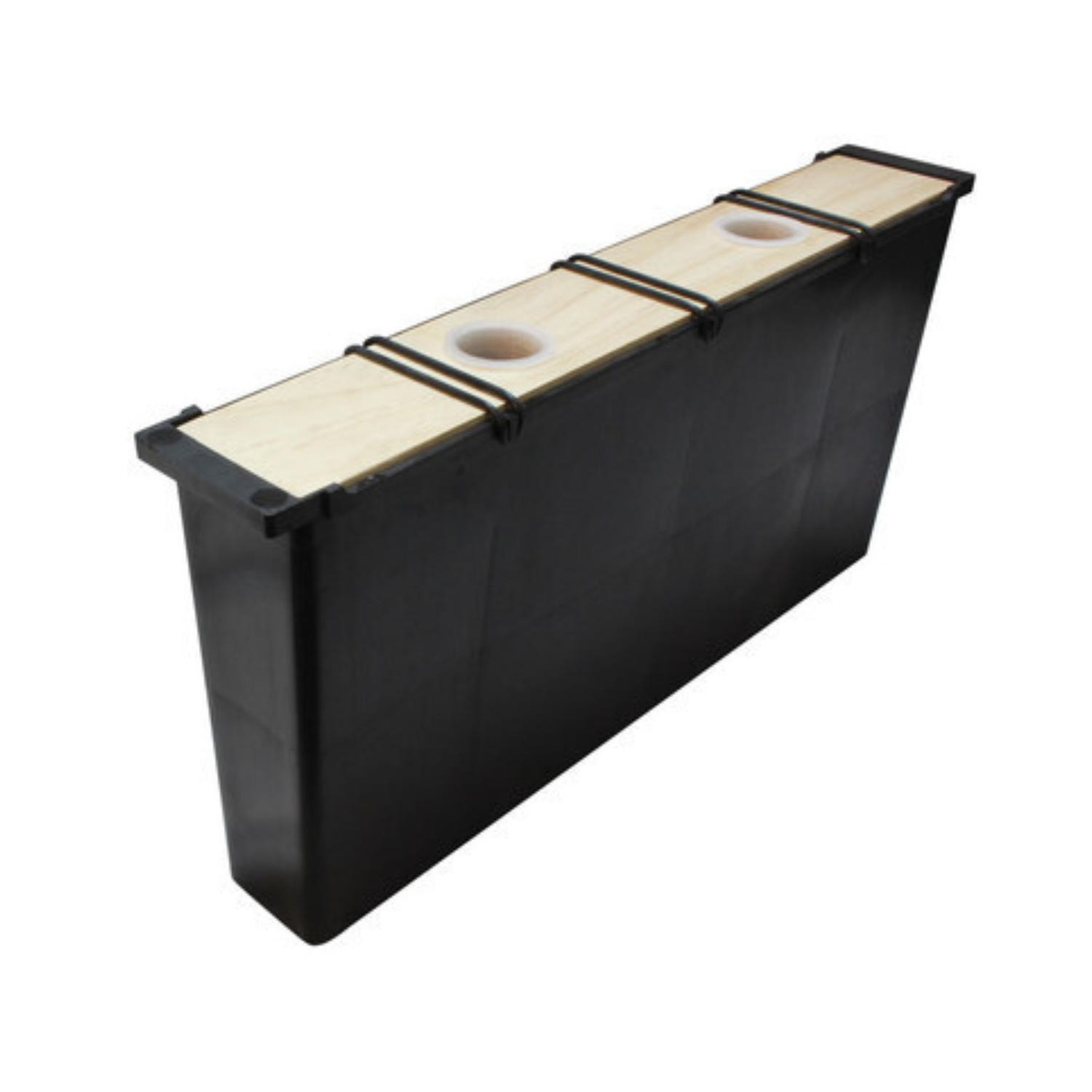 A plastic frame feeder for bees, with a black body and beige wooden frames, designed to hold 2 gallons of syrup.