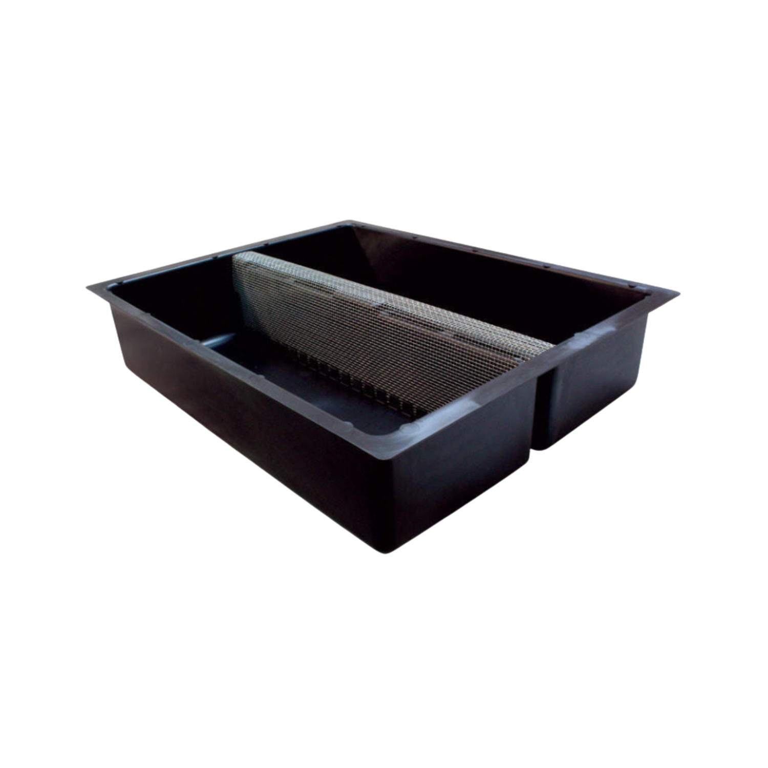 black tray with two reservoirs and wire mesh on a white background