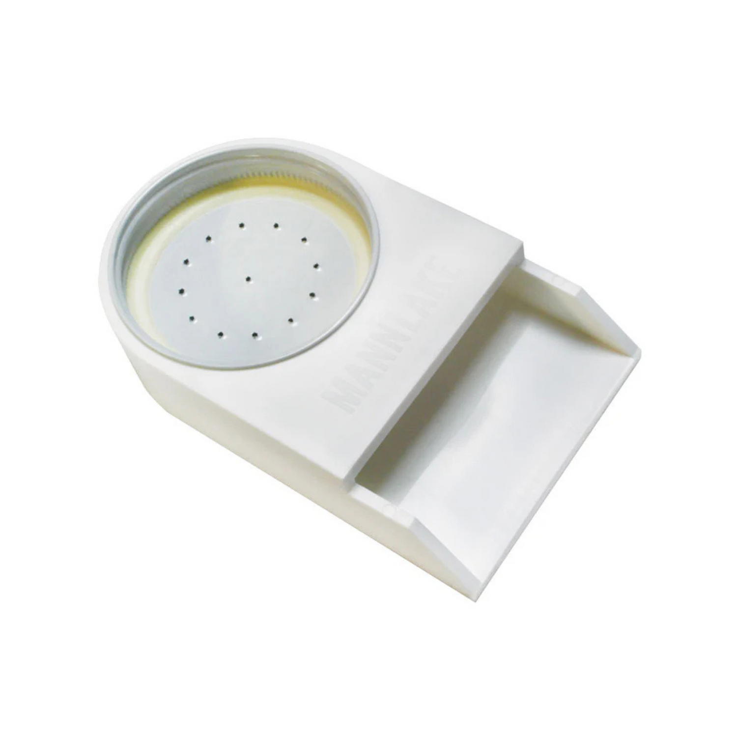 A white plastic boardman feeder for beekeeping on a white background.