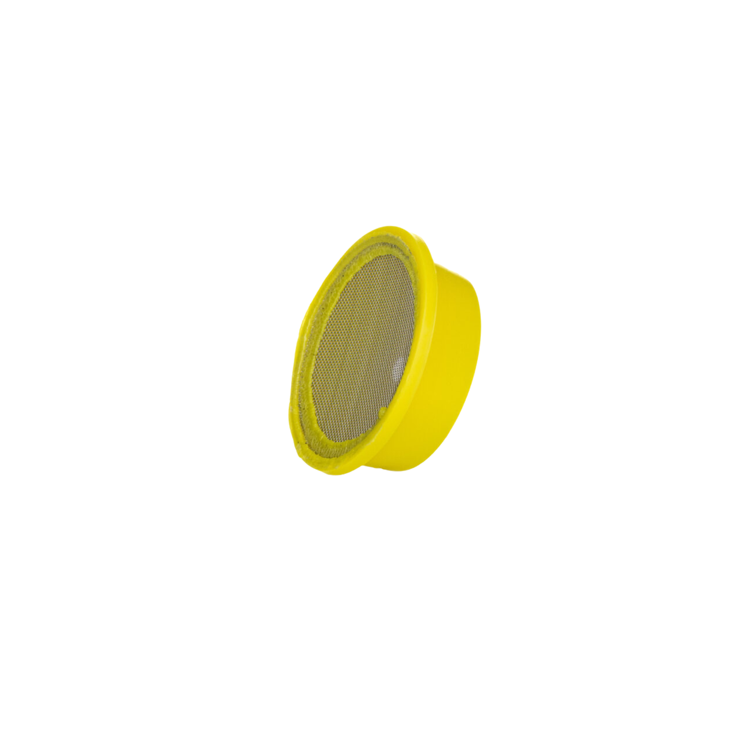 Yellow round mesh feeder plug with a fine metal screen, used in pail feeders for dispensing sugar syrup to honeybees, shown on a white background.