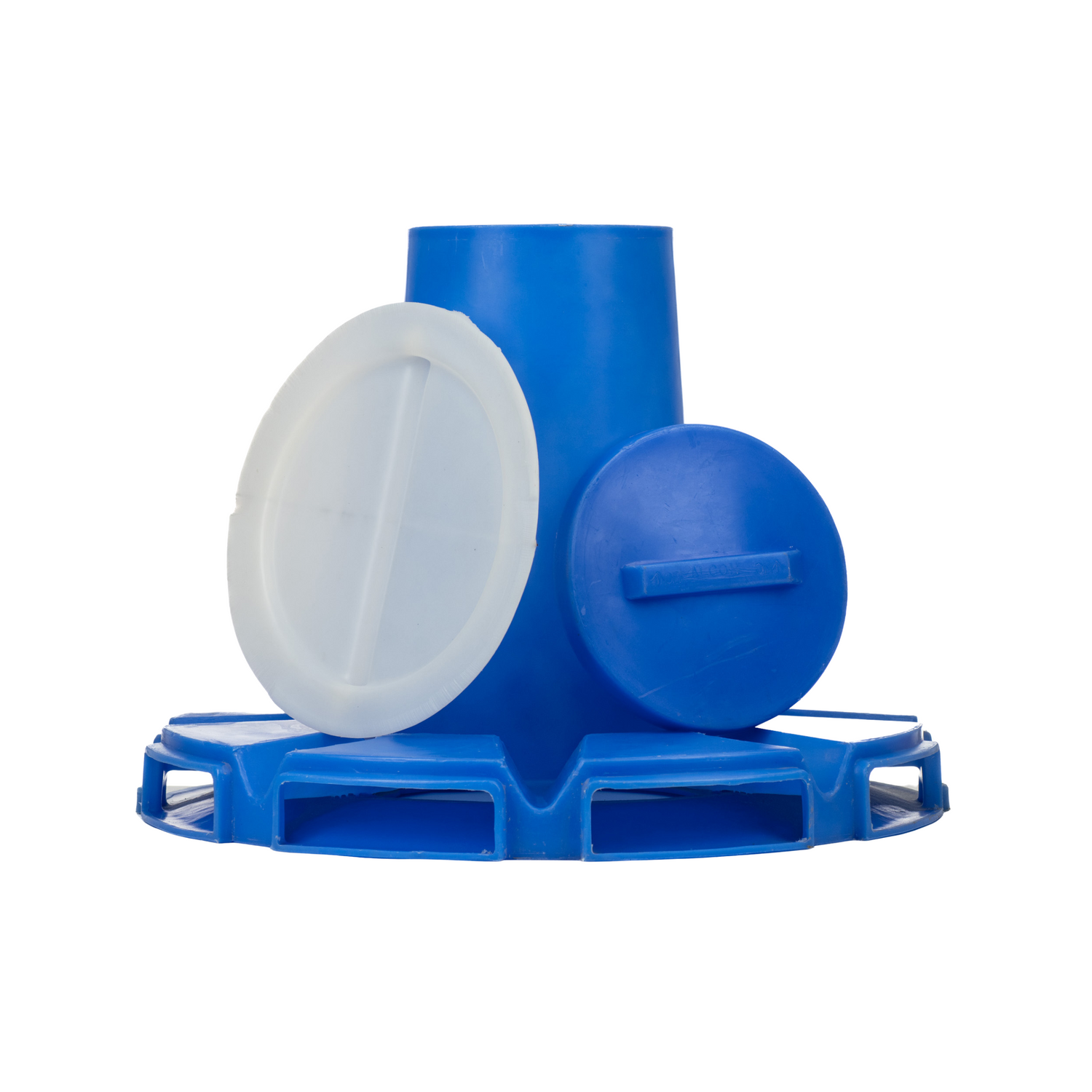 A blue, plastic cone-shaped container with multiple entrances for bees to feed on pollen substitute, on a white background