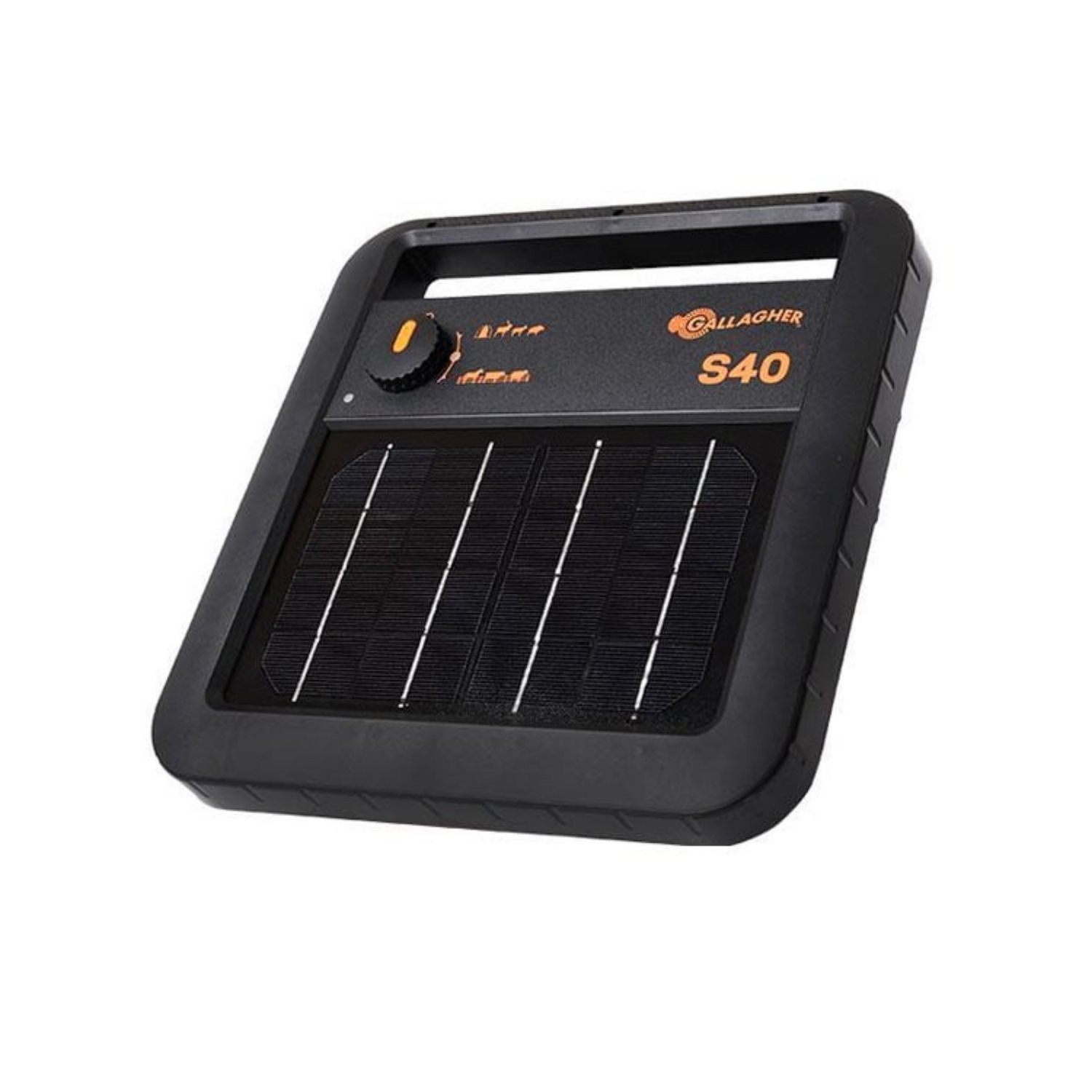 A black Gallagher S40 Electric Fencer with a solar panel and a dial on the front on a white background