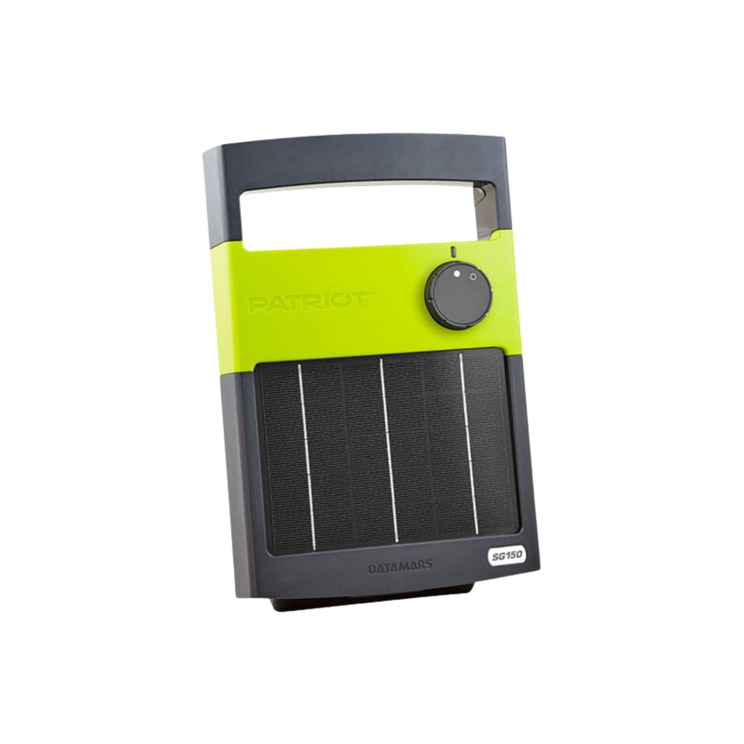 A black and green, compact, portable solar-powered fence energizer with a built-in solar panel and rechargeable battery.