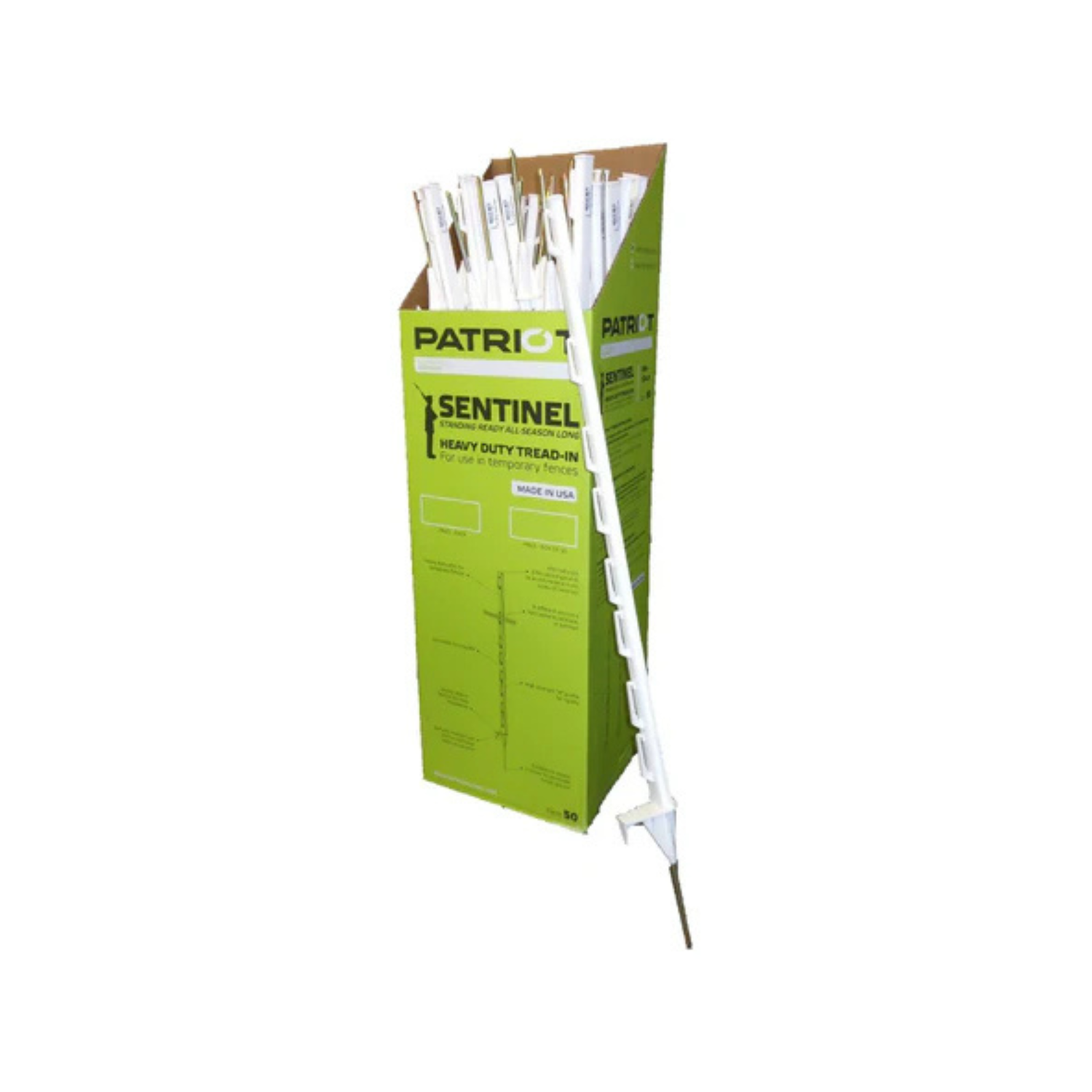 Green Patriot electric fence post packaging with a single white fiberglass fence post featuring a metal ground spike and angled top for electric fencing.