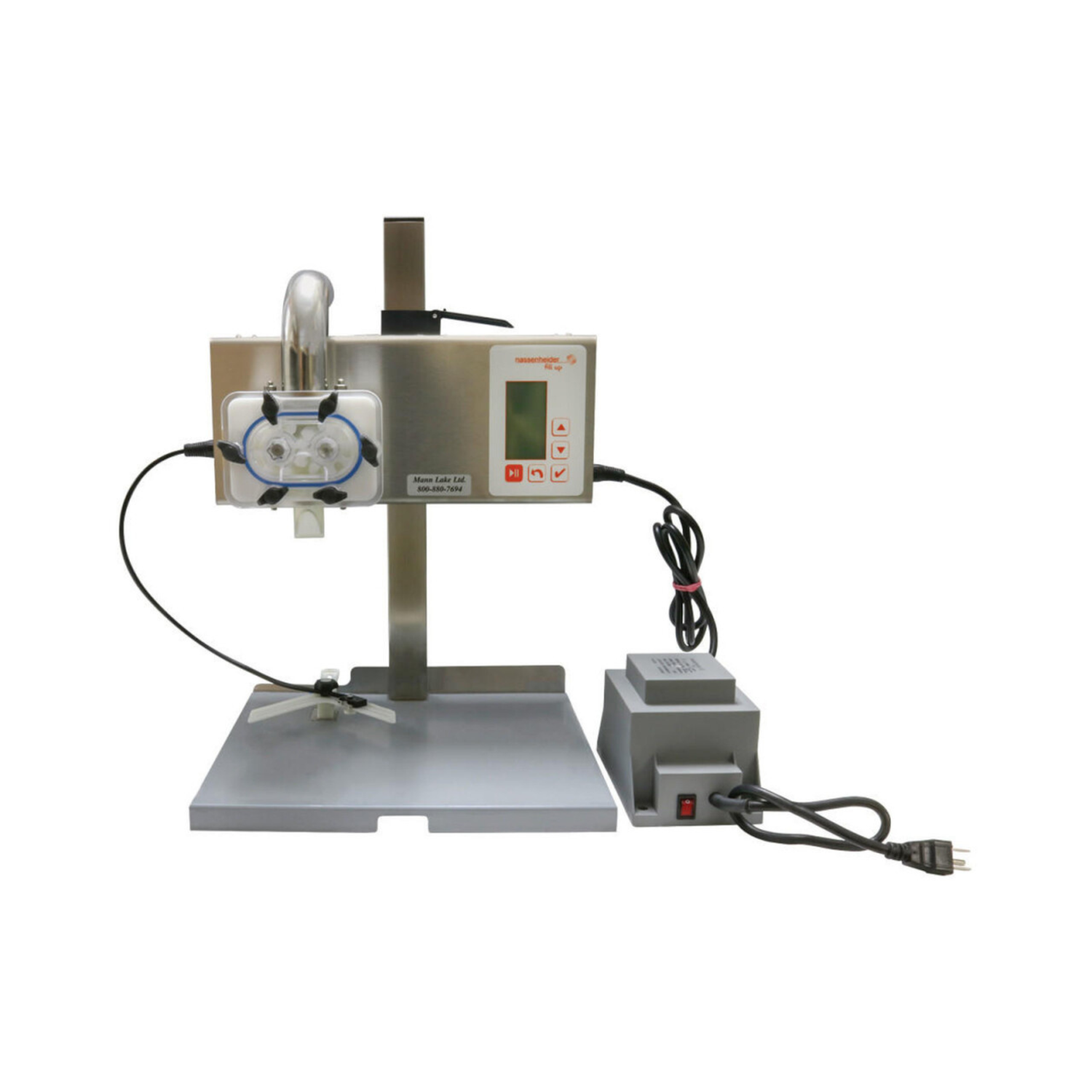 A metal machine for filling liquid and creamed honey containers on a white background