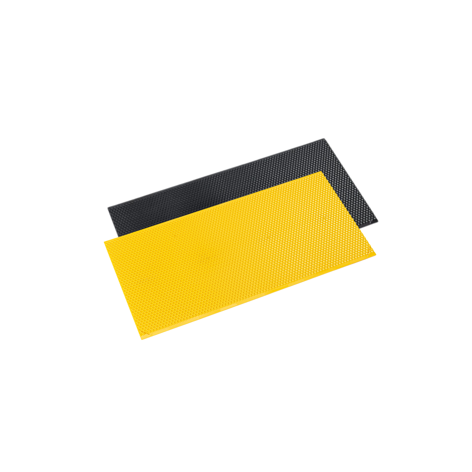 Two sheets of wax-coated plastic foundation for beehives, one in yellow and one in black, displayed against a white background.