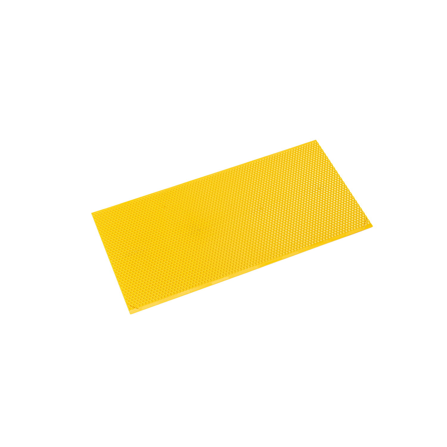 A sheet of yellow wax-coated plastic foundation for beehives on a white background