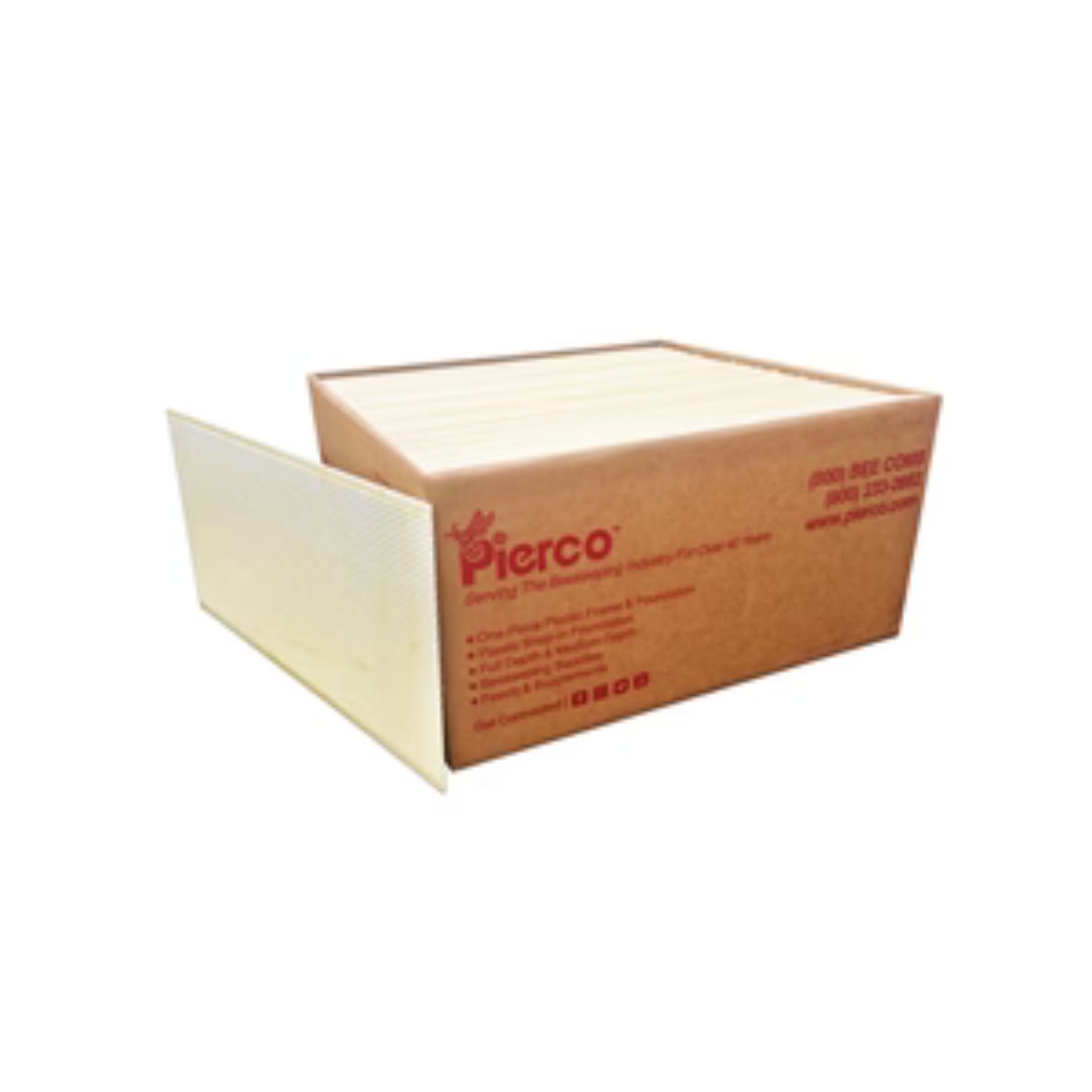 Cardboard box filled with white Pierco plastic foundation sheets, with one sheet removed and standing upright in front of the box to show the textured honeycomb surface.