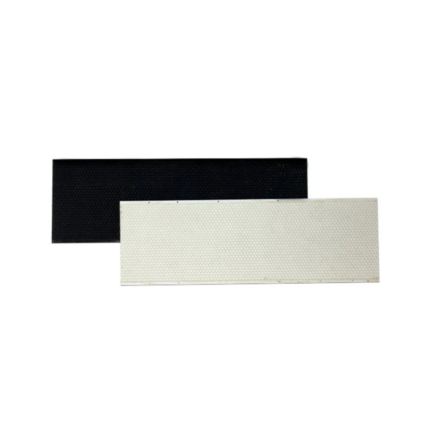 Two rectangular beekeeping foundation sheets shown side by side on a white background, one black and one white, both featuring a molded honeycomb cell pattern.
