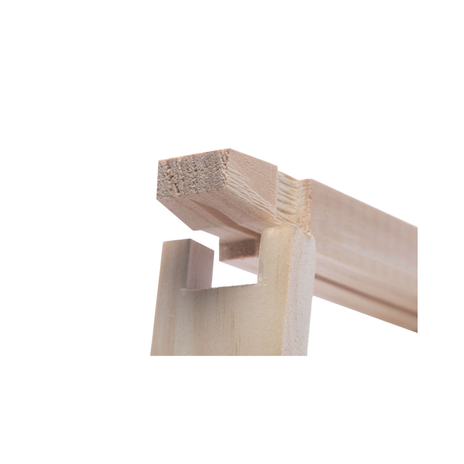 Close-up of a wooden frame corner with a white background