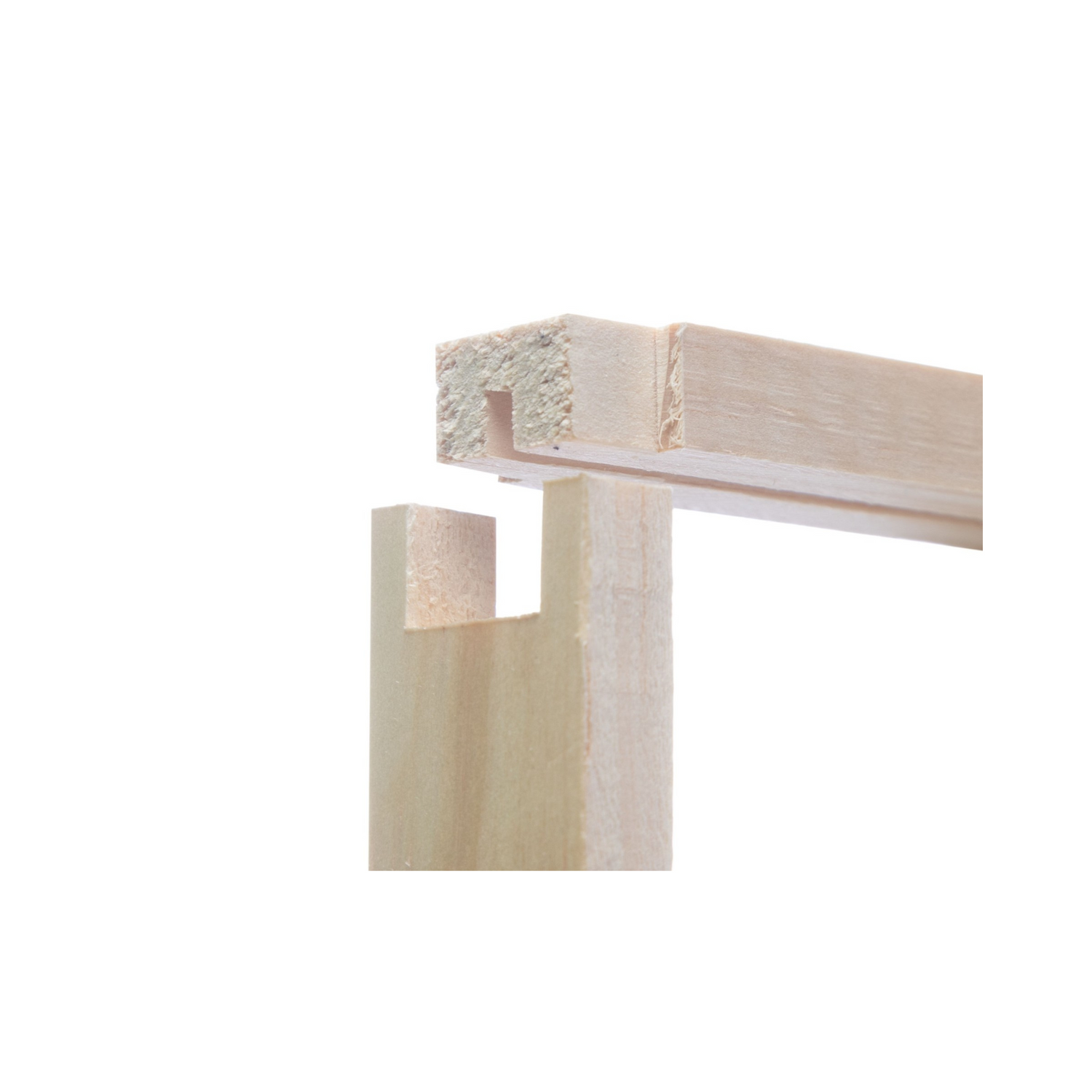 Close-up of a wooden frame corner with a white background