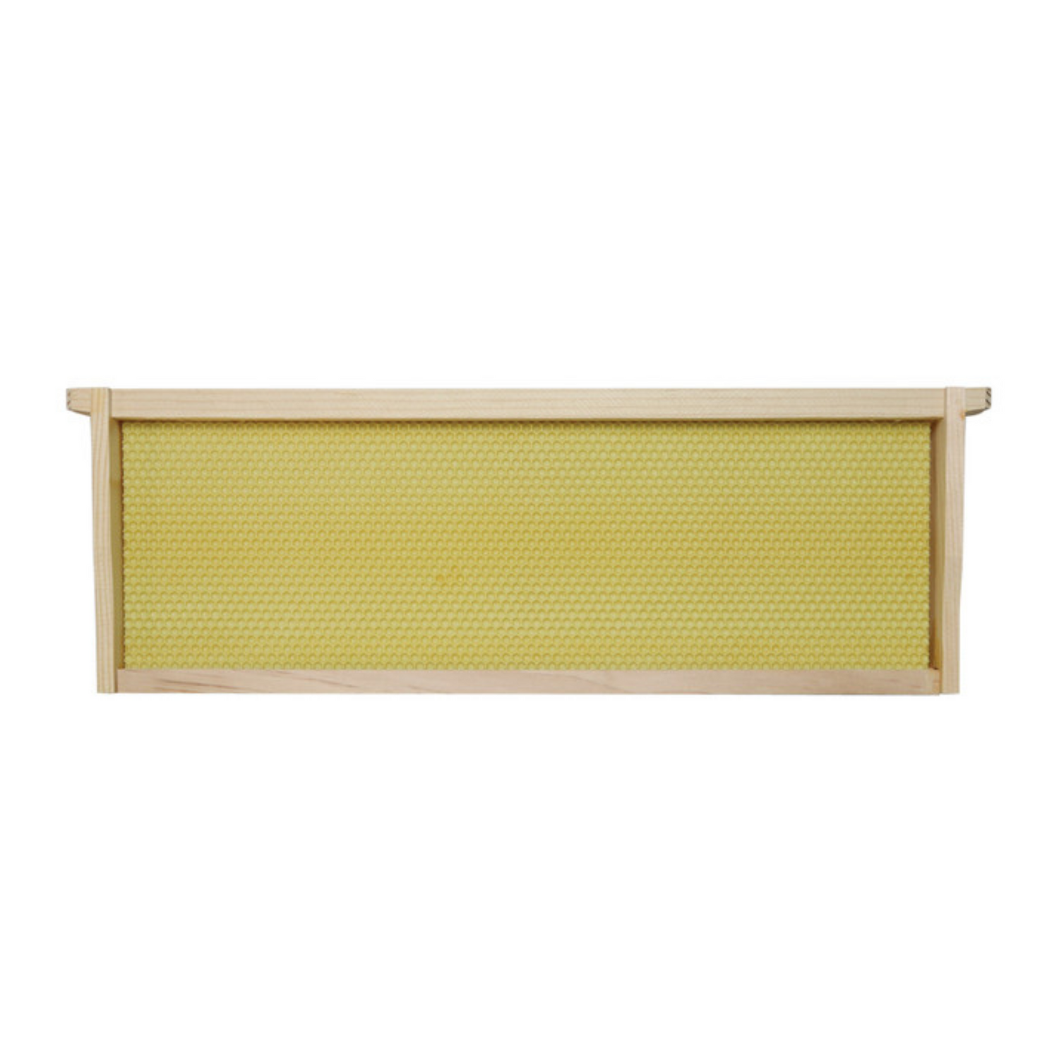 A yellow, shallow assembled beehive frame with a Ritecell foundation, typically used for beekeeping.