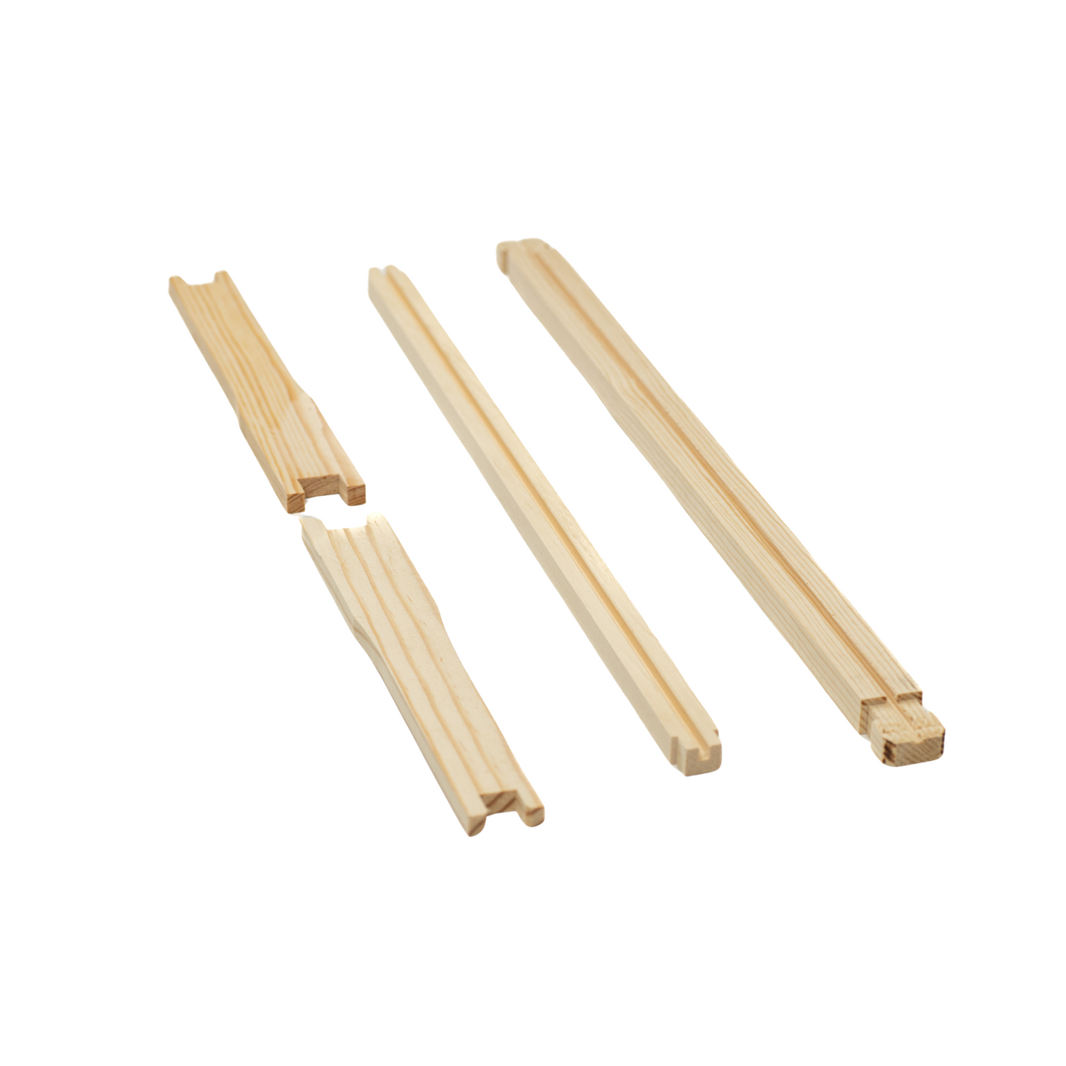 A set of unassembled wooden frame parts for a beehive.