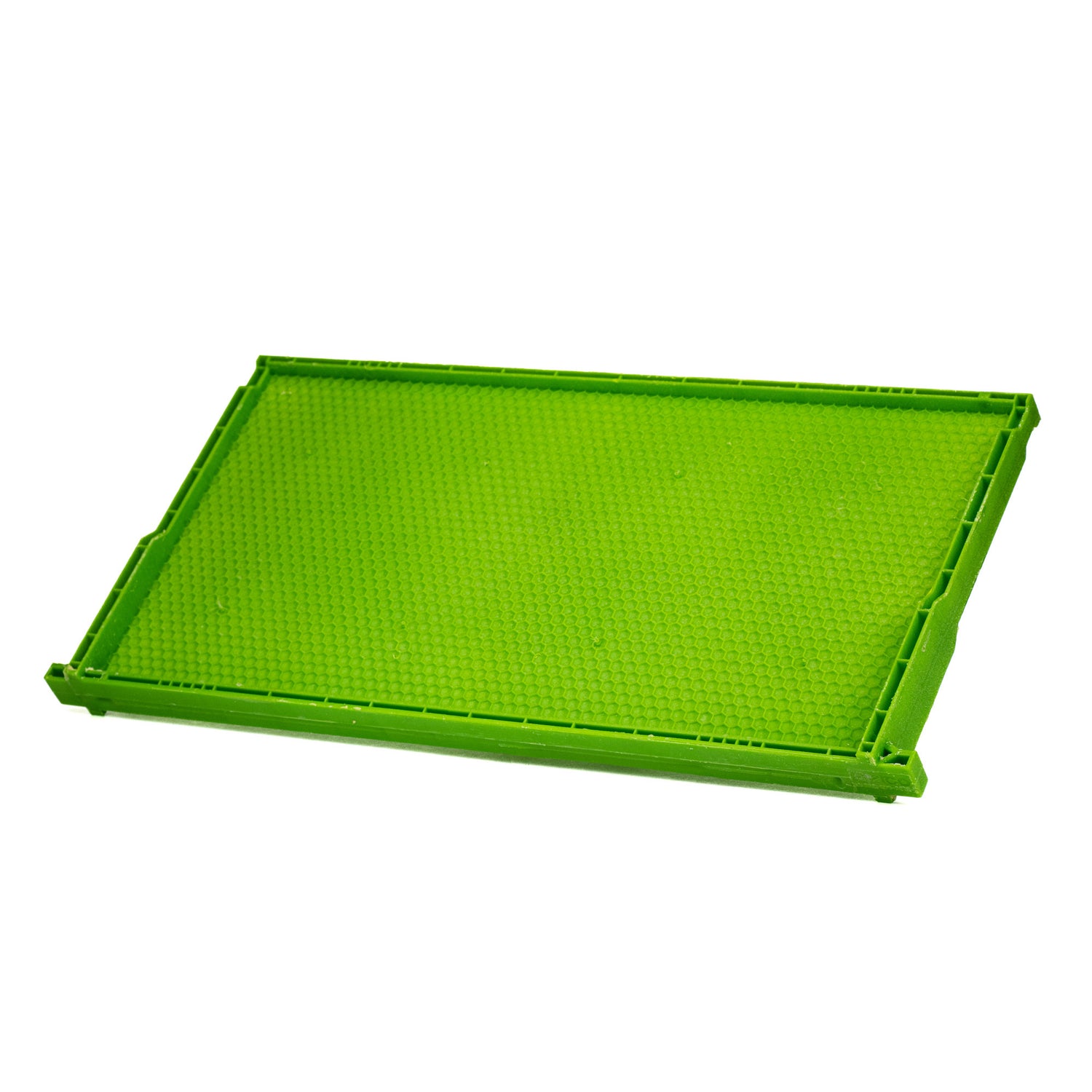 A side view of a green wax-coated drone frame for beehives