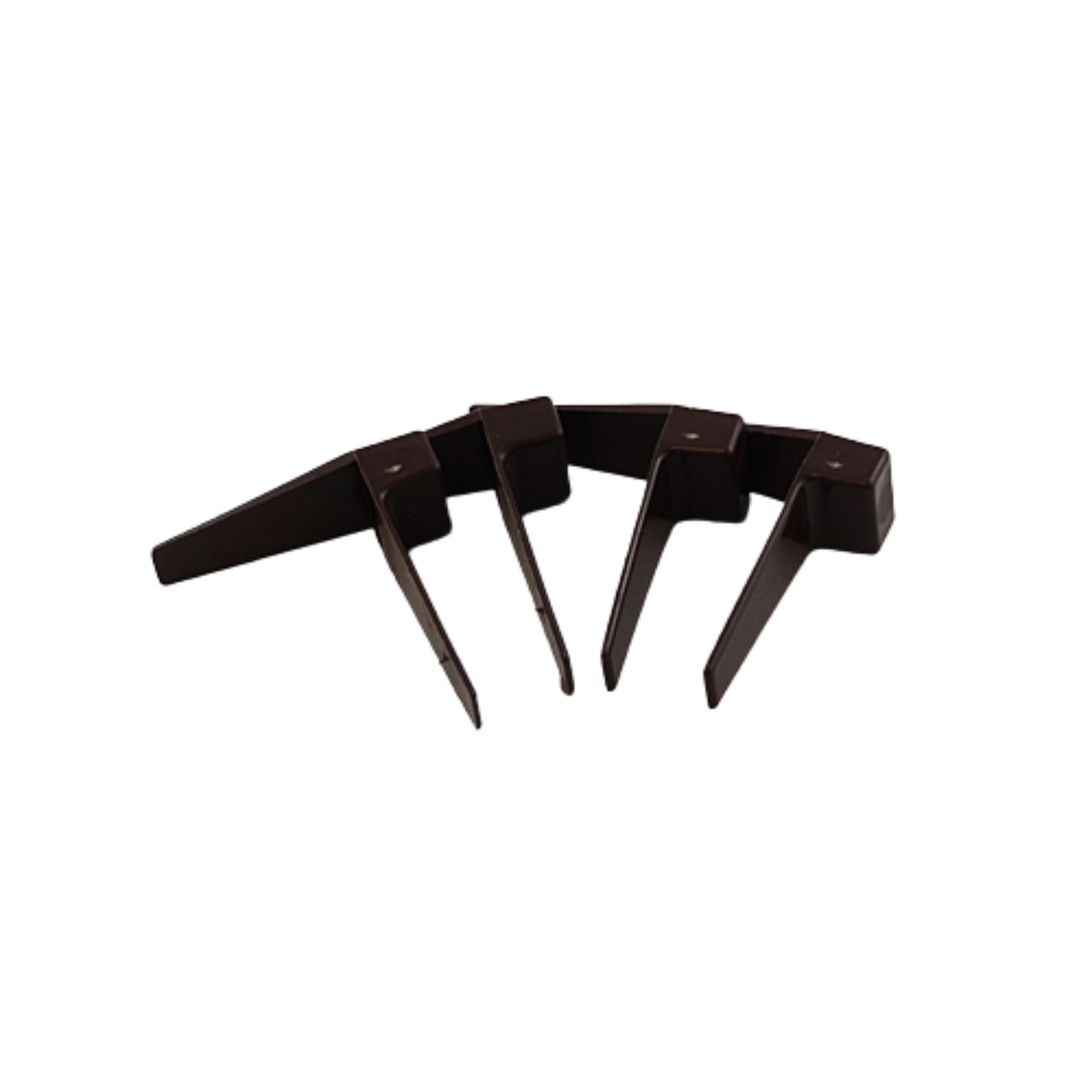 A set of black plastic frame savers, designed to repair broken ears on frames, on a white background