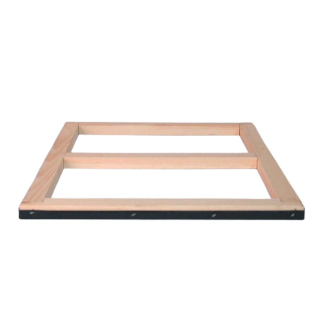 The underside of a wooden inner cover, wrapped in what is likely made of cotton or a similar material, designed to fume a hive