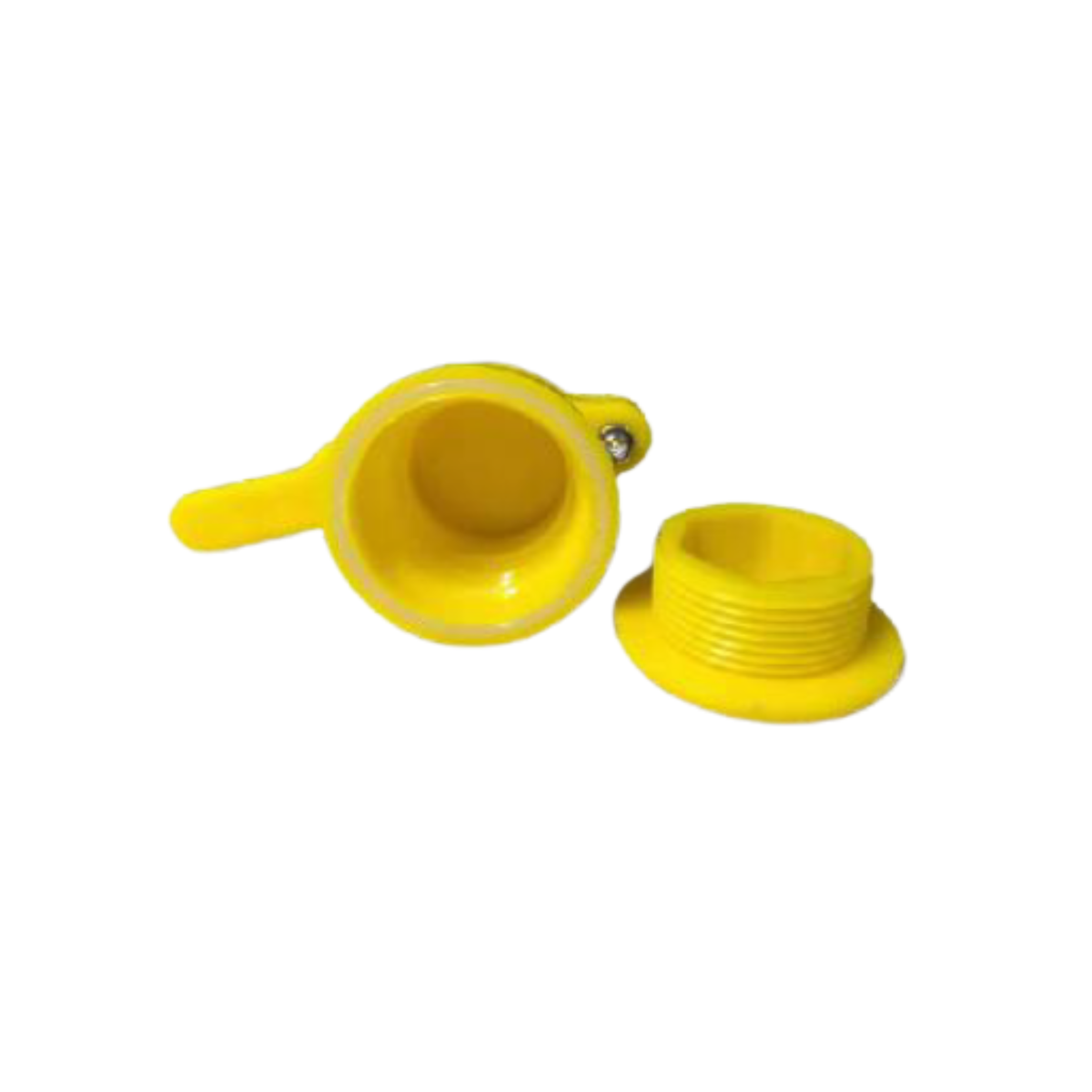 A bright yellow plastic plumbing fitting or connector shown in two pieces on a plain white background.