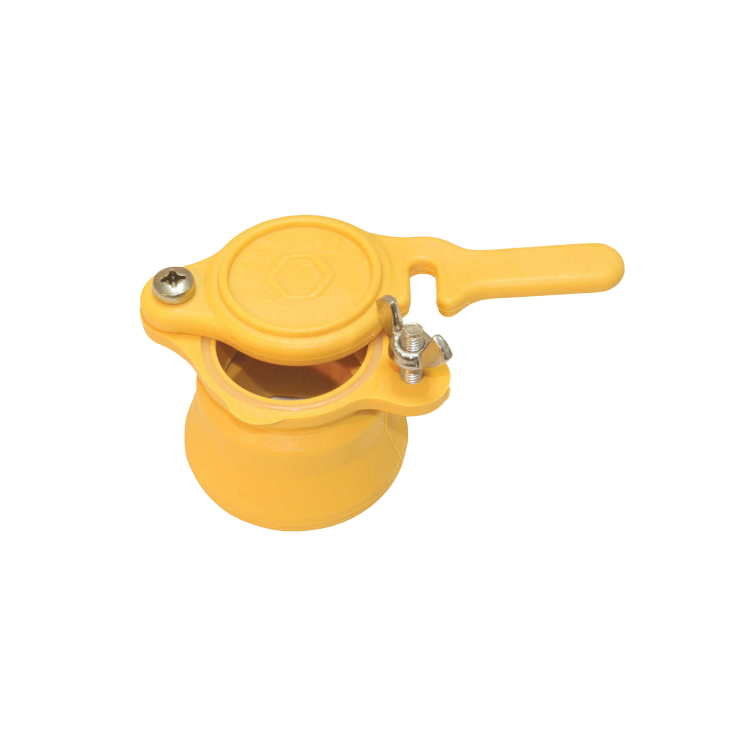 A Mann Lake yellow plastic honey gate, perfectly sized to fit a 2-inch hole