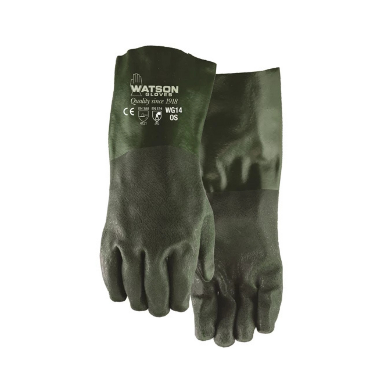 Pair of green double-dipped PVC coating gloves with brand label on a white background