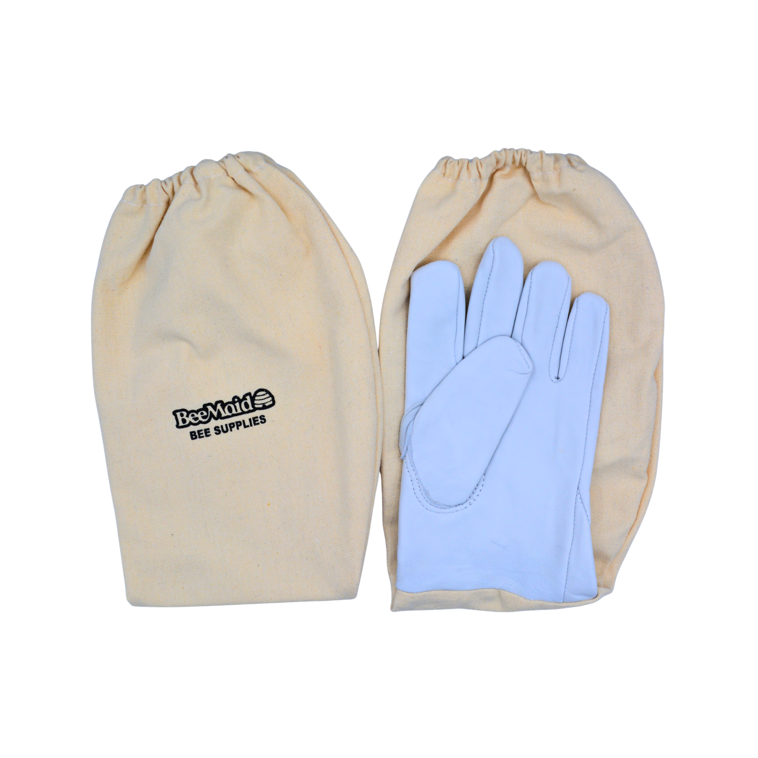 A pair of white cowhide gloves with BeeMaid Bee Supplies branding on a white background