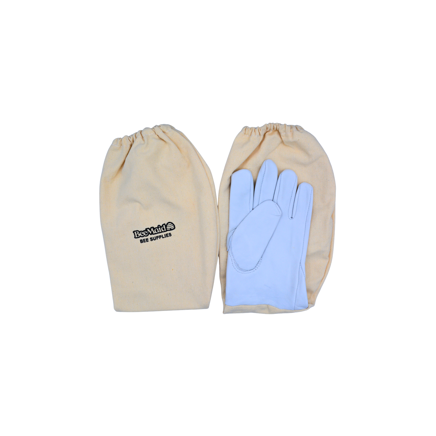 Pair of white children's cowhide gloves used in beekeeping on a white background