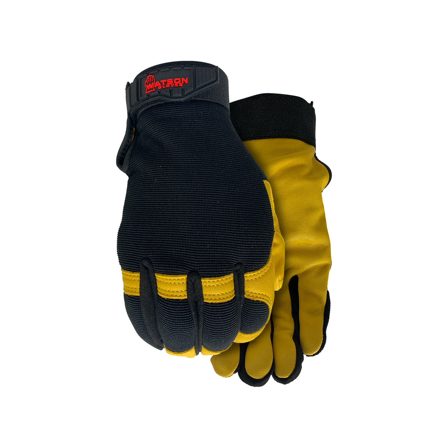 A pair of Watson Flextime Gloves featuring water-resistant goatskin palms and a black elastic cuff with a Velcro closure, in a yellow and black color scheme on a white background