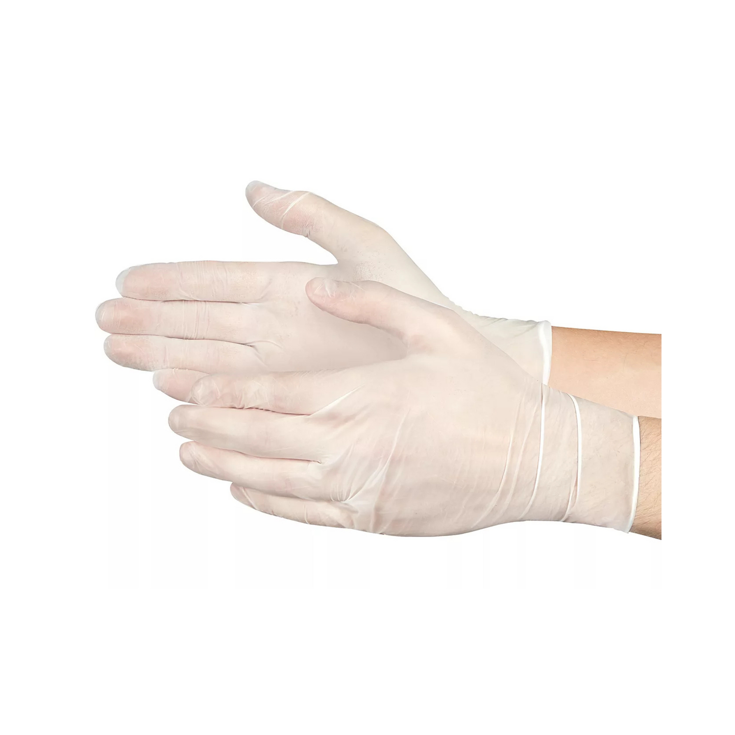 A pair of clear disposable nitrile gloves on a white background
