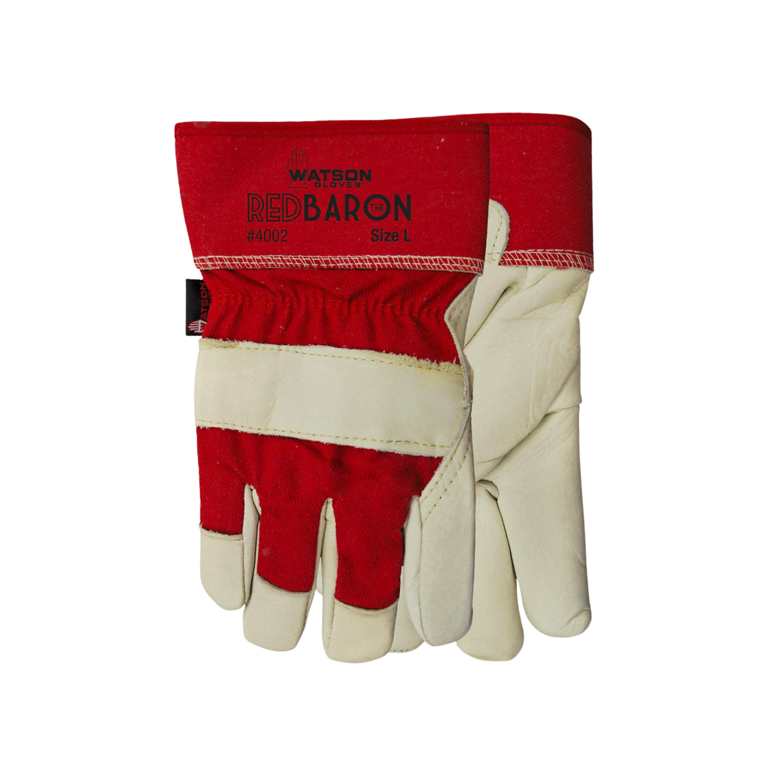Red and beige work glove with 'Red Baron' branding on a white background