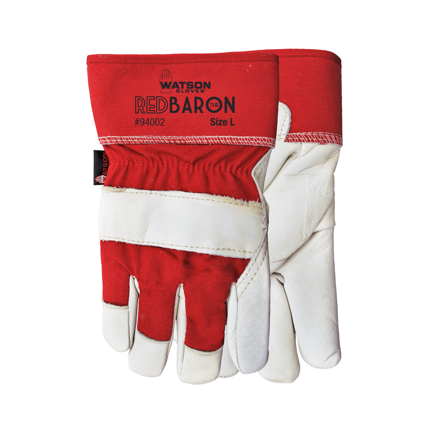 Red and white work glove with 'Red Baron' branding on a white background