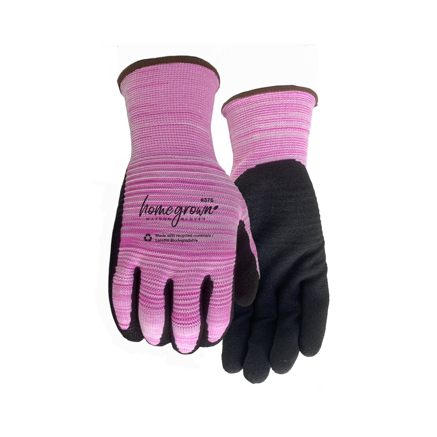 Pair of pink and black gloves with 'homegrown' branding on a white background