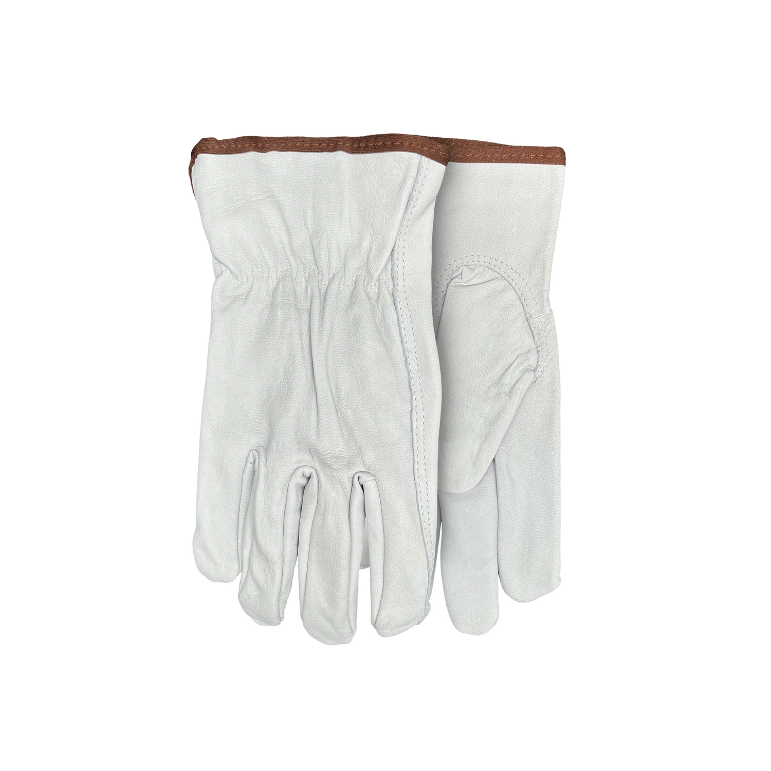 White leather glove with brown trim on a white background