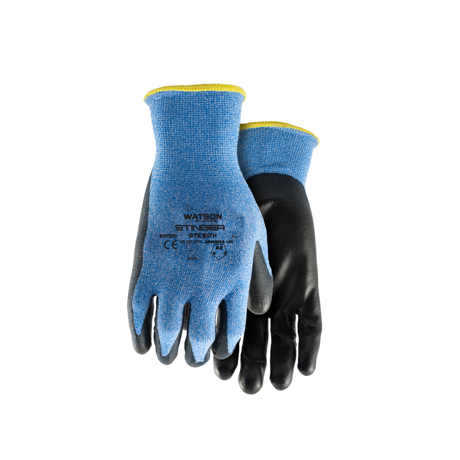 A pair of Watson Stealth Stinger Gloves, featuring a cut-resistant polyurethane coating on the palm and a snug-fitting knit wrist.