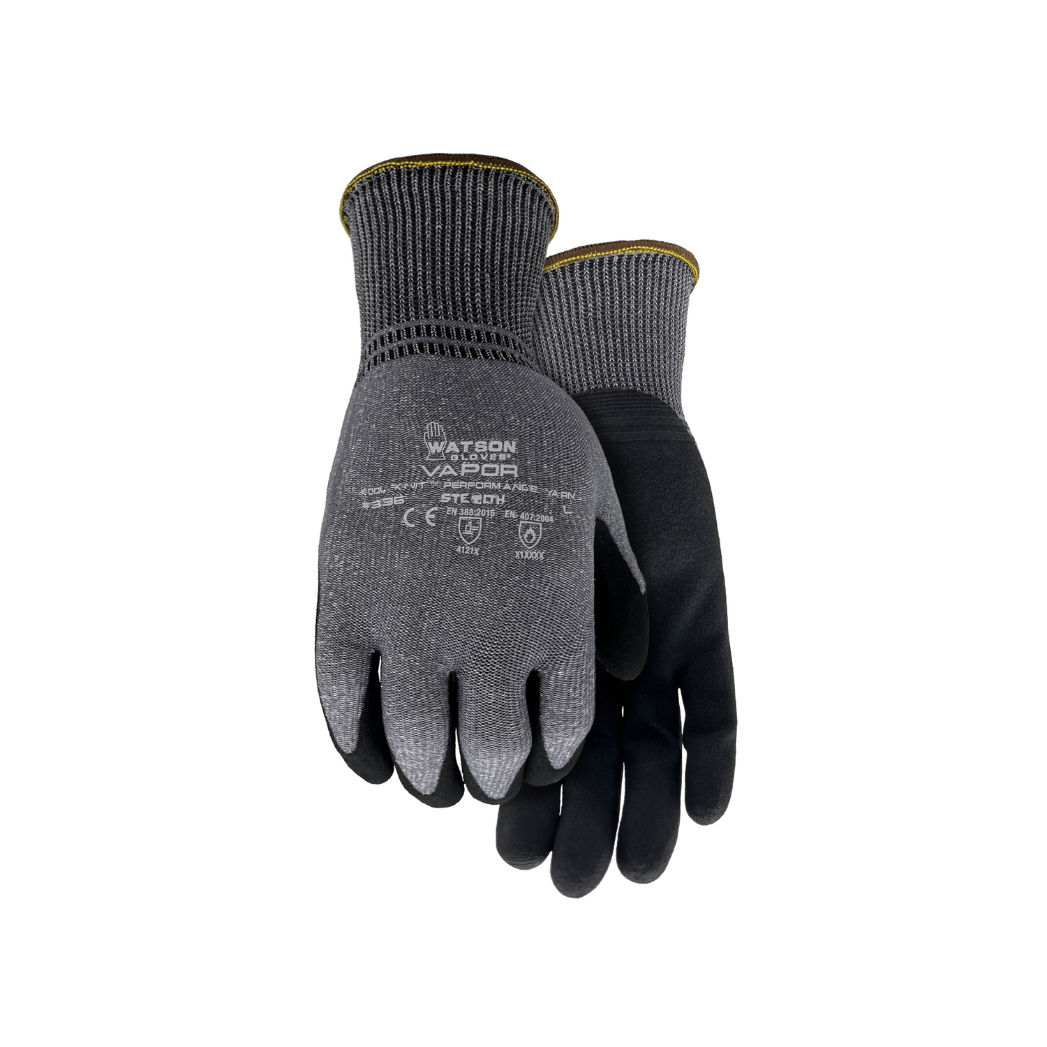 A pair of black and gray gloves with a textured palm surface for grip, designed for touchscreen compatibility, on a white background