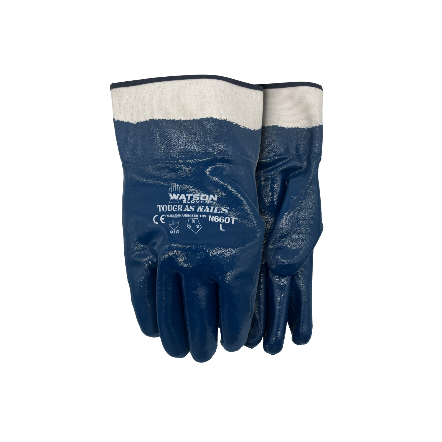 A pair of blue heavy-duty gloves with nitrile coating on the palm and a slip-on safety cuff, branded with 'Watson Tough as Nails' on a white background