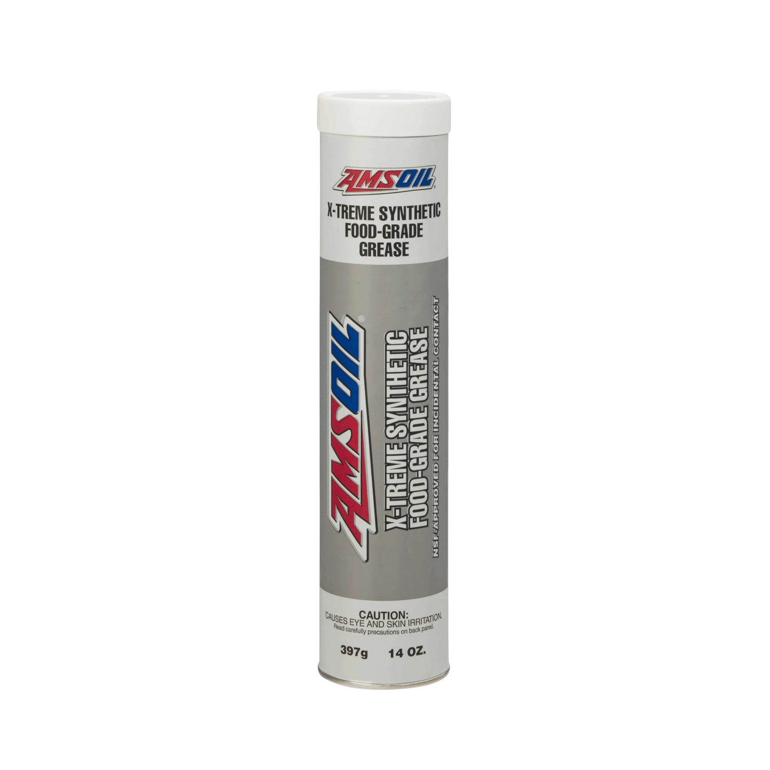 AMS OIL X-Treme Synthetic Food-Grade Grease cartridge, grey and white tube labeled NSF-approved for incidental food contact, 397 g (14 oz).