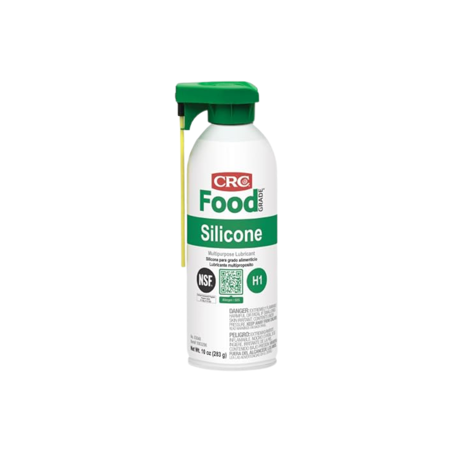 CRC Food Grade Silicone lubricant spray can, 16 oz, featuring a white body, green cap, and yellow nozzle on a white background.