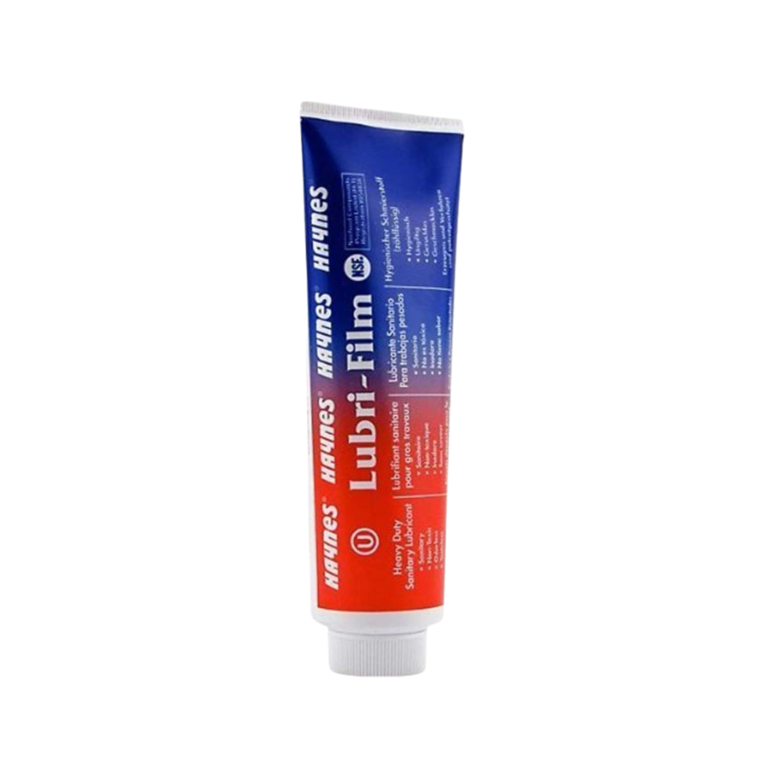 Haynes Lubri-Film heavy-duty lubricant paste tube with red and blue label, NSF-approved for food equipment and sanitary applications.